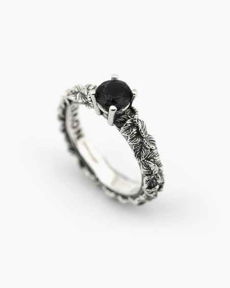SOLITAIRE BLACK CUBIC ZIRCONIA LEAVES FINE RING
