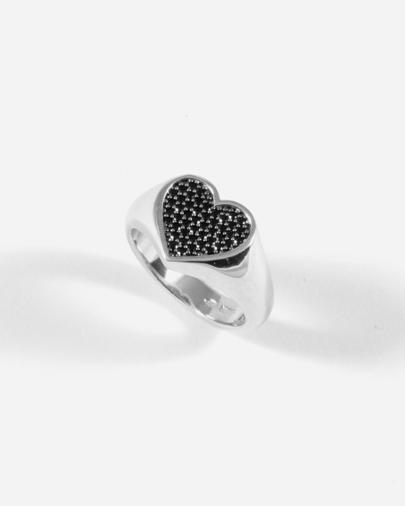 HEART SIGNET RING WITH BLACK CUBIC ZIRCONIA
