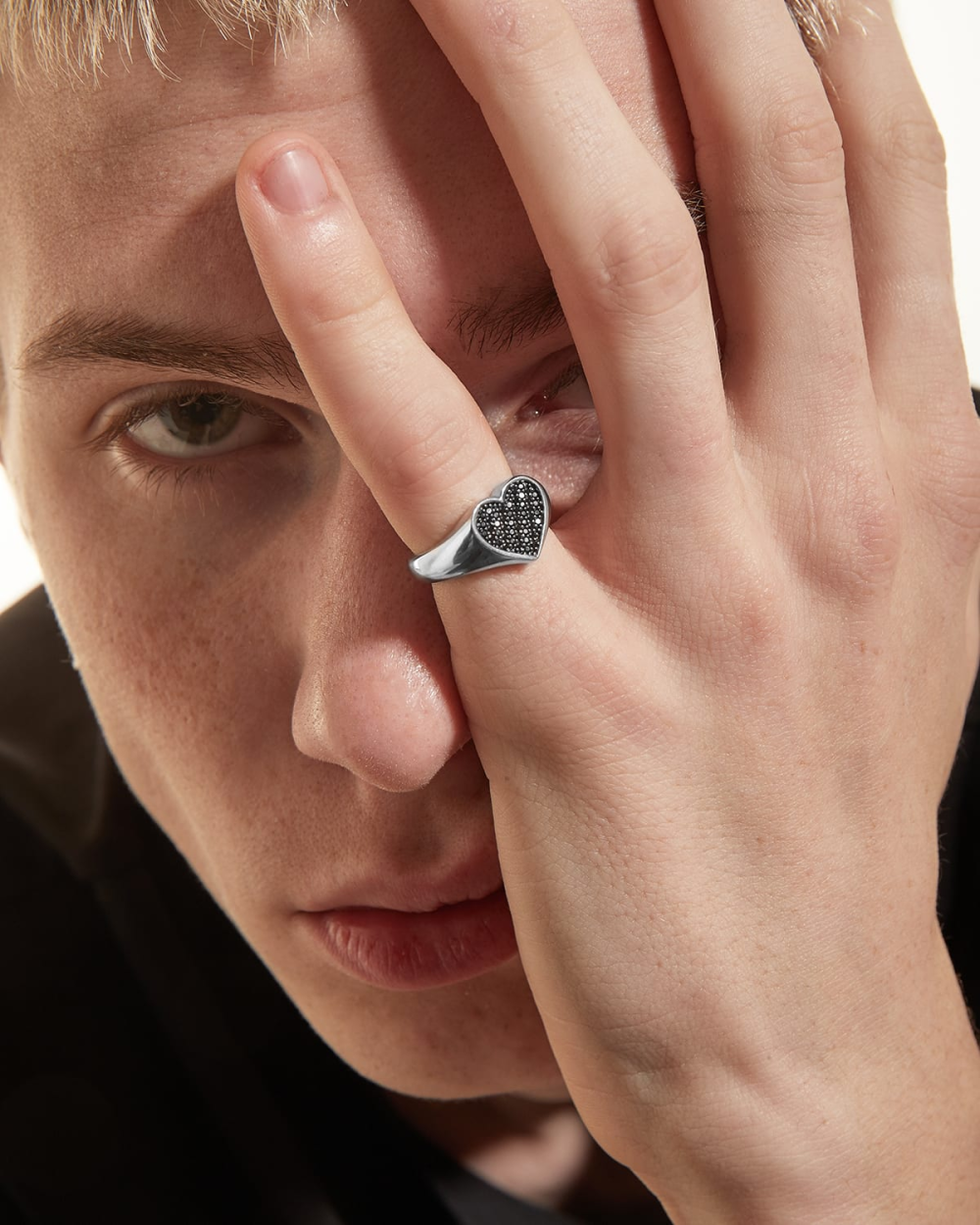 HEART SIGNET RING WITH BLACK CUBIC...