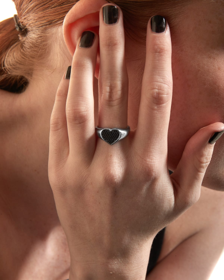 HEART SIGNET RING WITH BLACK CUBIC ZIRCONIA