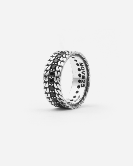 PARALLEL DOUBLE CHAIN BAND RING WITH BLACK BRILLIANTS