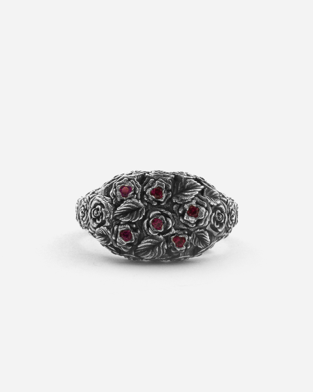 ANILLO CHEVALIER BLOODY GARDEN DE PLATA CON ROSAS Y BRILLANTES ROJOS