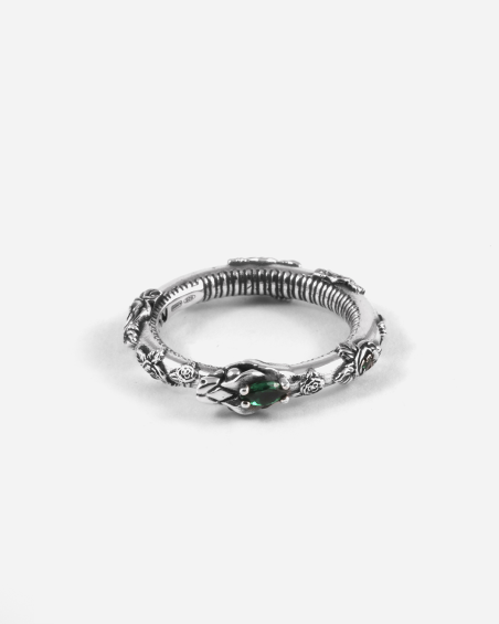 ANILLO SERPIENTE UROBORO ETERNAL GREEN DE PLATA CON ROSAS Y BRILLANTES VERDES