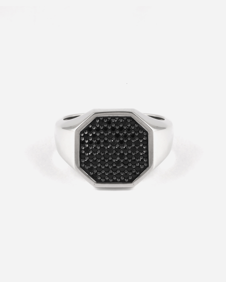 BAGUE CHEVALIÈRE OCTAGON AVEC NOIRS BRILLANTS