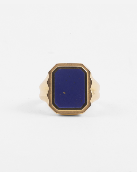 GOLD PLATED WISDOM STONE RECTANGULAR SIGNET RING WITH LAPIS STONE