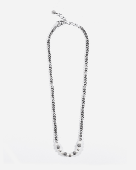 PARTHENOPE CURB CHAIN NECKLACE WITH PEARLS AND DOTTED SPHERES