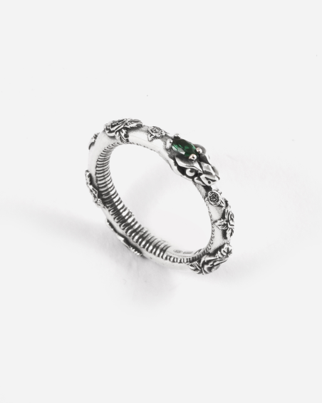 ANILLO SERPIENTE UROBORO ETERNAL GREEN DE PLATA CON ROSAS Y BRILLANTES VERDES