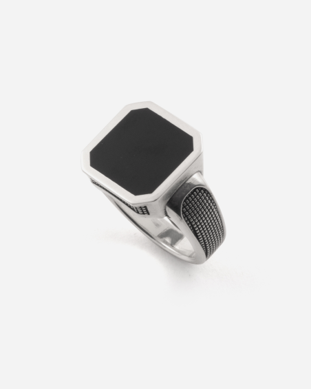 PARTICLE SQUARE SIGNET RING WITH STUDS TEXTURE AND ONYX STONE