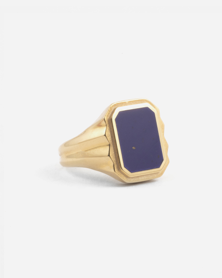 GOLD PLATED WISDOM STONE RECTANGULAR SIGNET RING WITH LAPIS STONE