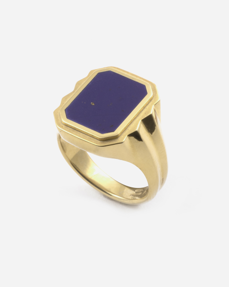 GOLD PLATED WISDOM STONE RECTANGULAR SIGNET RING WITH LAPIS STONE