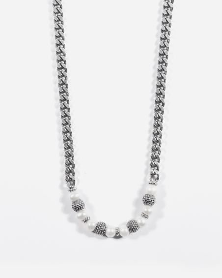 PARTHENOPE CURB CHAIN NECKLACE WITH PEARLS AND DOTTED SPHERES