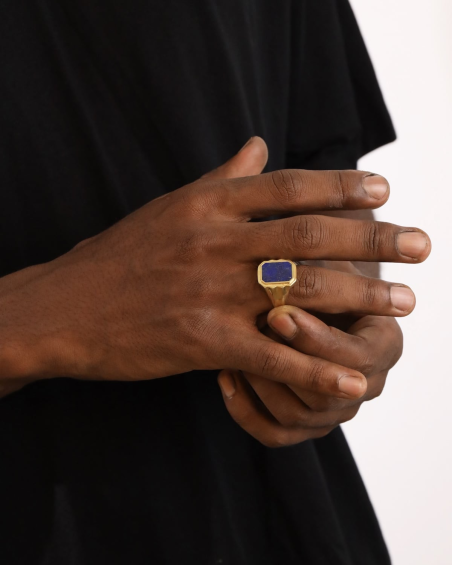 GOLD PLATED WISDOM STONE RECTANGULAR SIGNET RING WITH LAPIS STONE