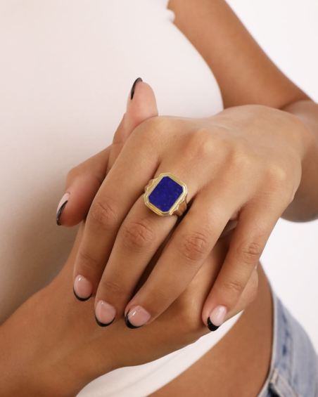 GOLD PLATED WISDOM STONE RECTANGULAR SIGNET RING WITH LAPIS STONE