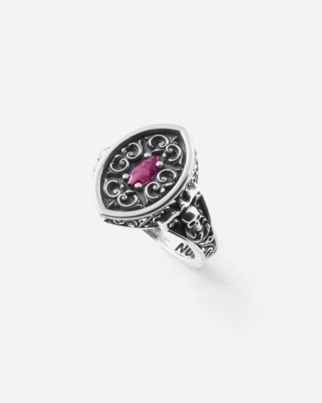 ANELLO CHEVALIER MARQUISE DECORATO BONNIE IN ARGENTO CON PIETRA ROSSA