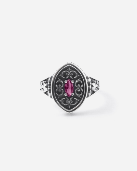 ANELLO CHEVALIER MARQUISE DECORATO BONNIE IN ARGENTO CON PIETRA ROSSA