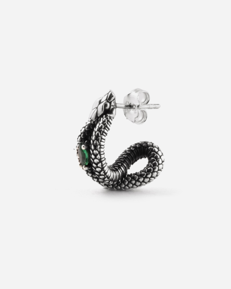 BOUCLE D'OREILLE CERCLE SERPENT POISONED EN ARGENT AVEC PIERRE VERTE