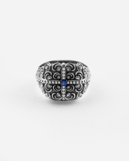 BAGUE CHEVALIÈRE DÉCORÉ AMISTAD EN ARGENT AVEC PIERRE BLEU