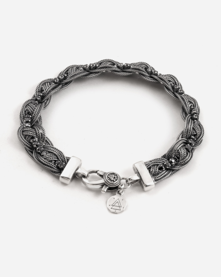 BRACCIALE TENNIS CODA DI VOLPE INTRECCIATA GRANDE IN ARGENTO CON PIETRE NERE​