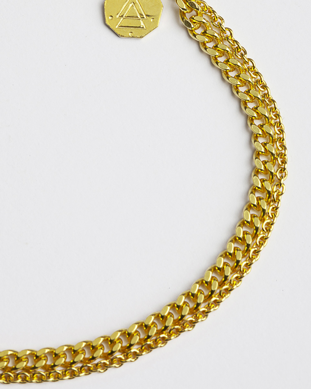 YELLOW GOLD TWO LAYERS CURB & CABLE CHAIN BRACELET
