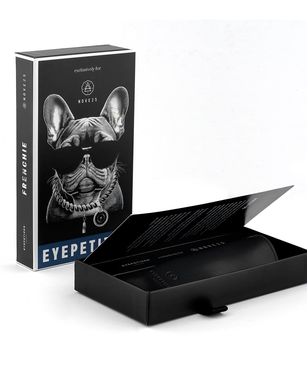 Eyepetizer X Nove25 | Una collaborazione esclusiva tanto quanto il prodotto nato, realizzato in serie limitata. Il volto di un French Bulldog realizzato in argento, incastonato su una montatura in acetato bold.