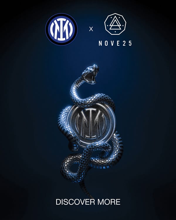 Lo snake Nove25 si fonde allo stemma di Inter e diventa emblema simbolo della collaborazione, dando vita a gioielli e oggetti di design unici che celebrano il tifo fuori e dentro lo stadio.